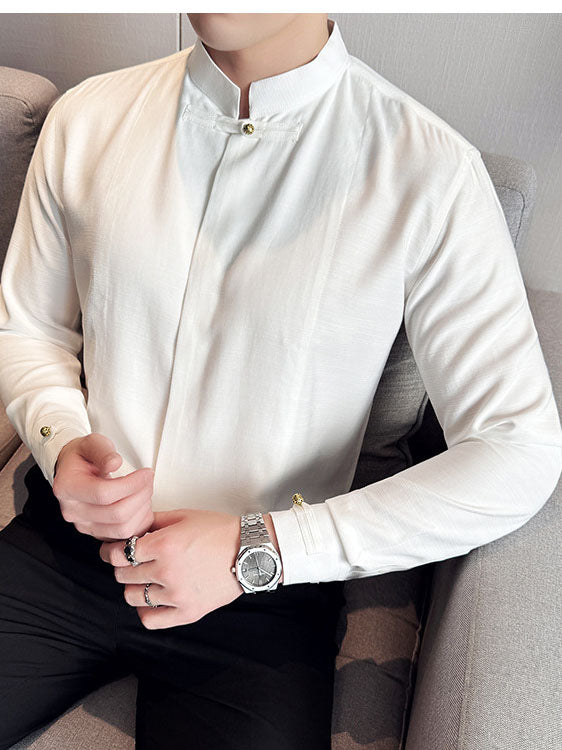 Men's Cotton Long-sleeved Shirt with Solid Color and Stand Collar