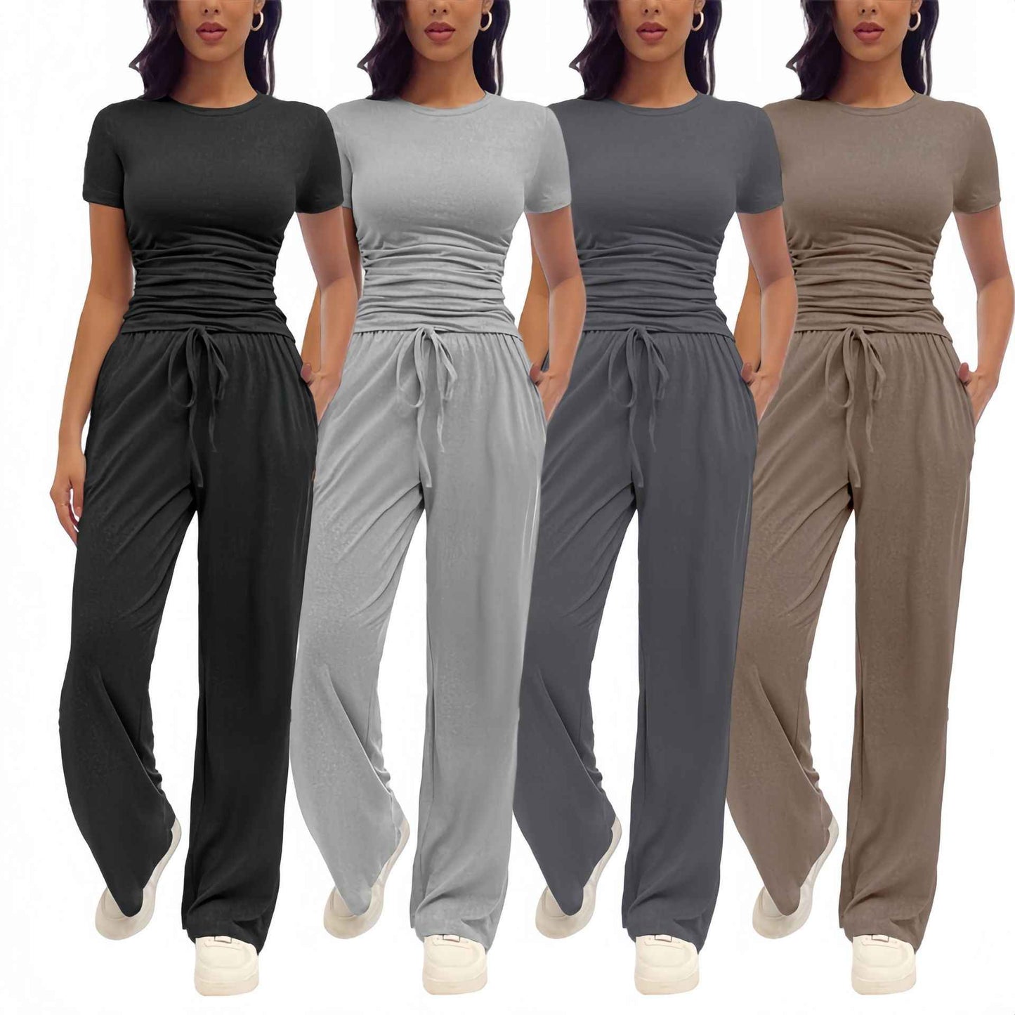 Women's Casual Pleated Set - Fashionable Short-Sleeve Ensemble for Everyday Wear