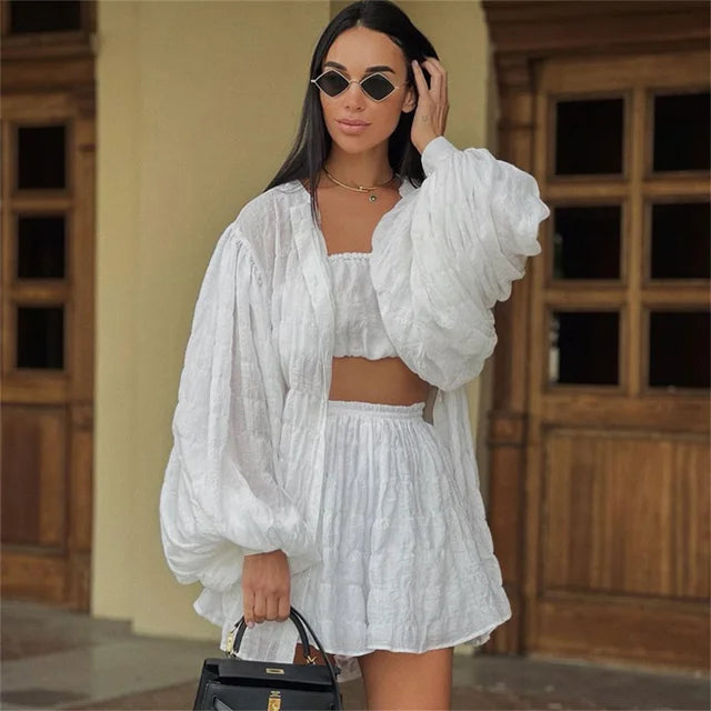 White Cardigan Shorts Suit - 3 Piece Lantern Long Sleeve Top and Shorts Set - Neon North Clothing