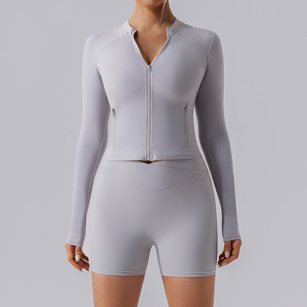 Cárdigan ajustado con cremallera y alta elasticidad, ideal para correr y yoga. Conjunto de 3 piezas.