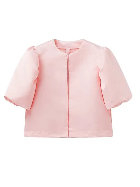 Solid Satin With Pouf Balloon Sleeve Blouse - Neon North Clothing