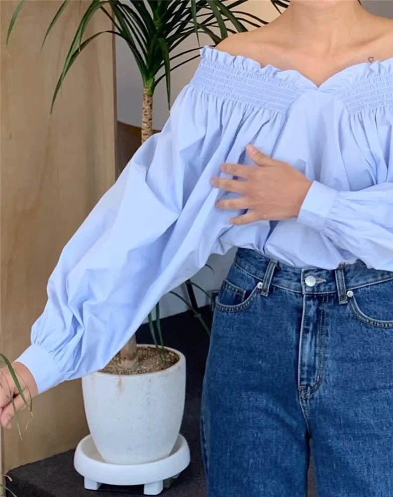 Off Shoulder Blouse with Lantern Sleeves for Effortless Style - Neon North Clothing