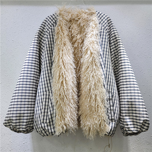 Fur Collar Padded Coat with Stripe Contrast Color Cotton-Padded Design