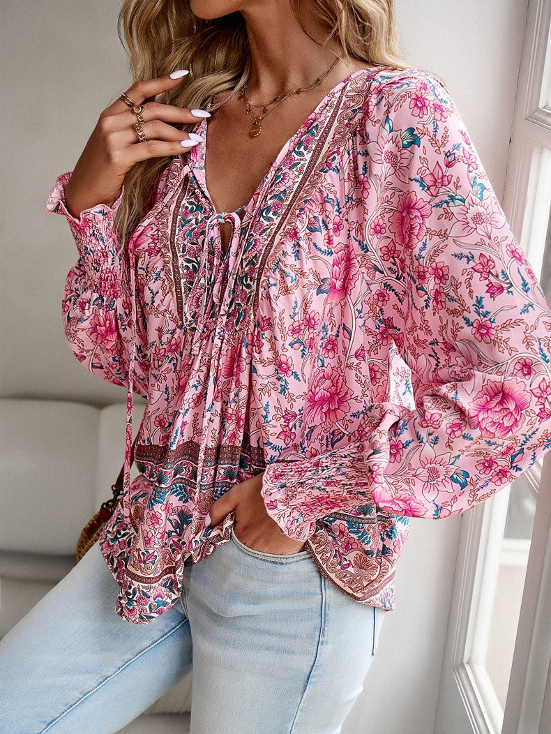Floral Loose Full Sleeve Streetwear Pullover Blouse - Neon North Clothing