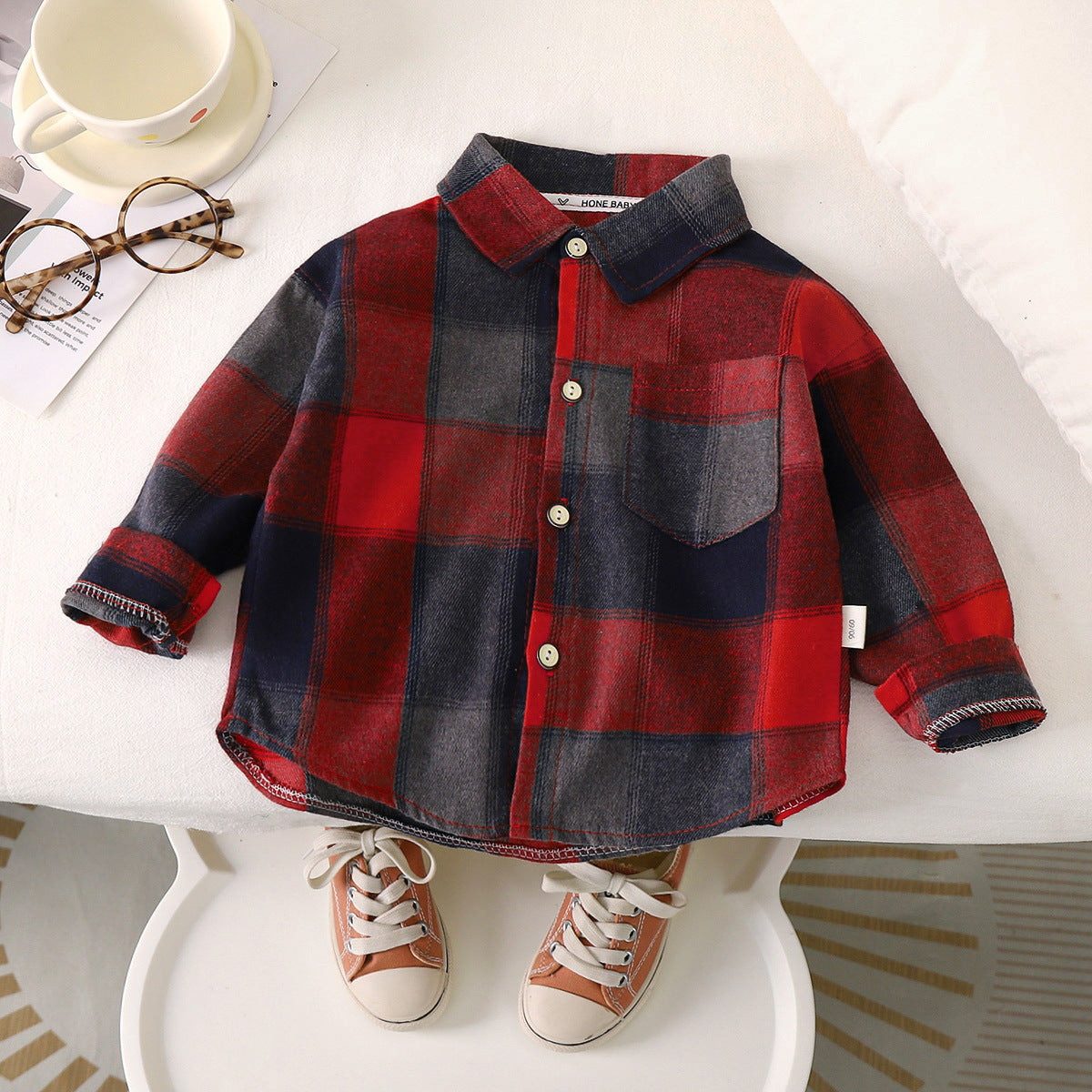 Unisex Plaid Shirt for Kids - Contrast Long Sleeve Turn Down Collar Shirt (1-10 Years) - Neon North Clothing