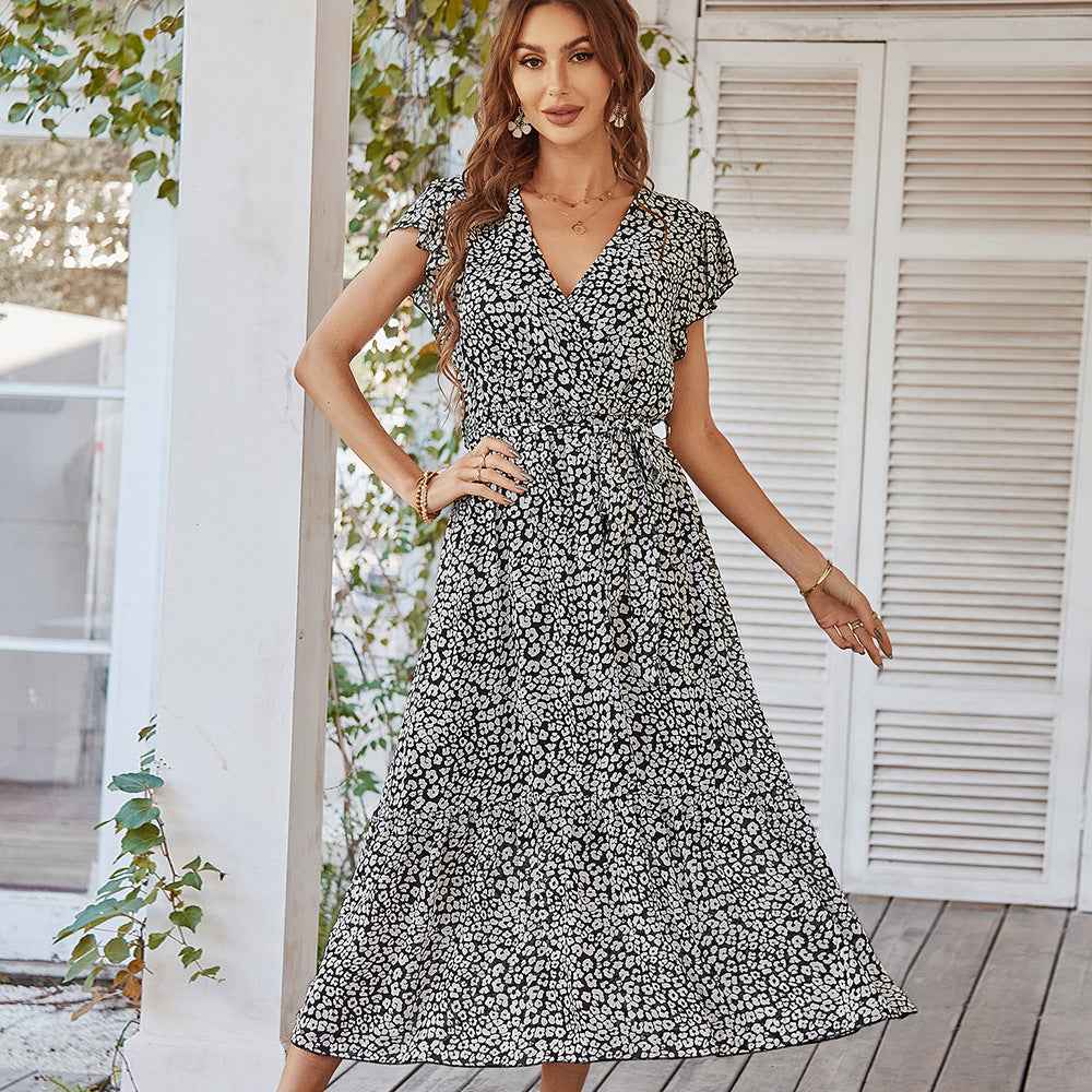 Ruffle Cap Sleeve Wrap Split Women's Boho Floral Long Dress