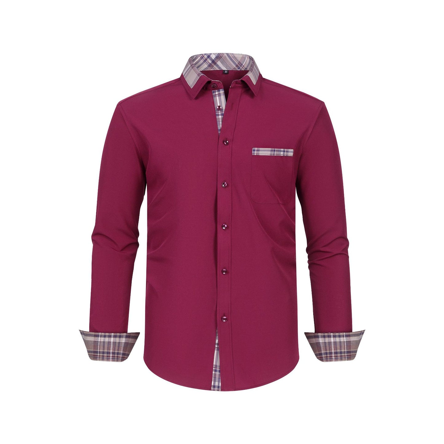Mens Long Sleeve Shirt Patchwork Collar with Plaid Design for Stylish Comfort