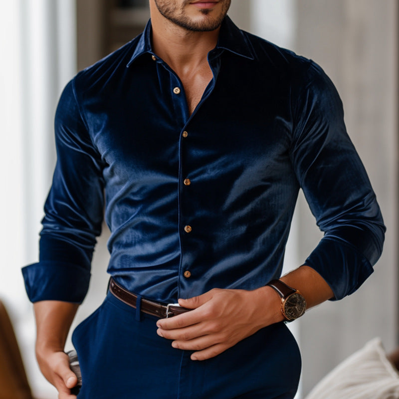 Velvet Long Sleeve Shirt - Loose Fit Solid Color Style