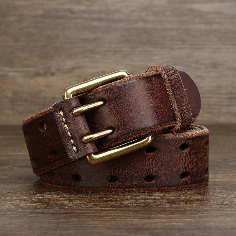 Men's Retro Cowhide Belt - Casual Free Pin Punch First Layer Leather in Wine Red - Neon North Clothing