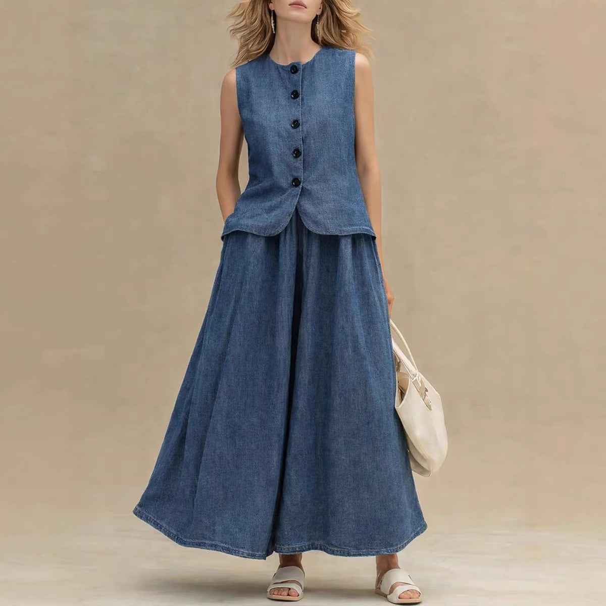 Womens Denim Top and Skirt Set: Crew-Neck Denim Top with High-Waist A-Line Skirt