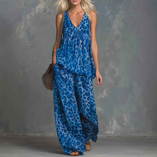 Womens Loose-Fitting Leopard Print Women's Clothing Set with Sleeveless Top and Chiffon Pants