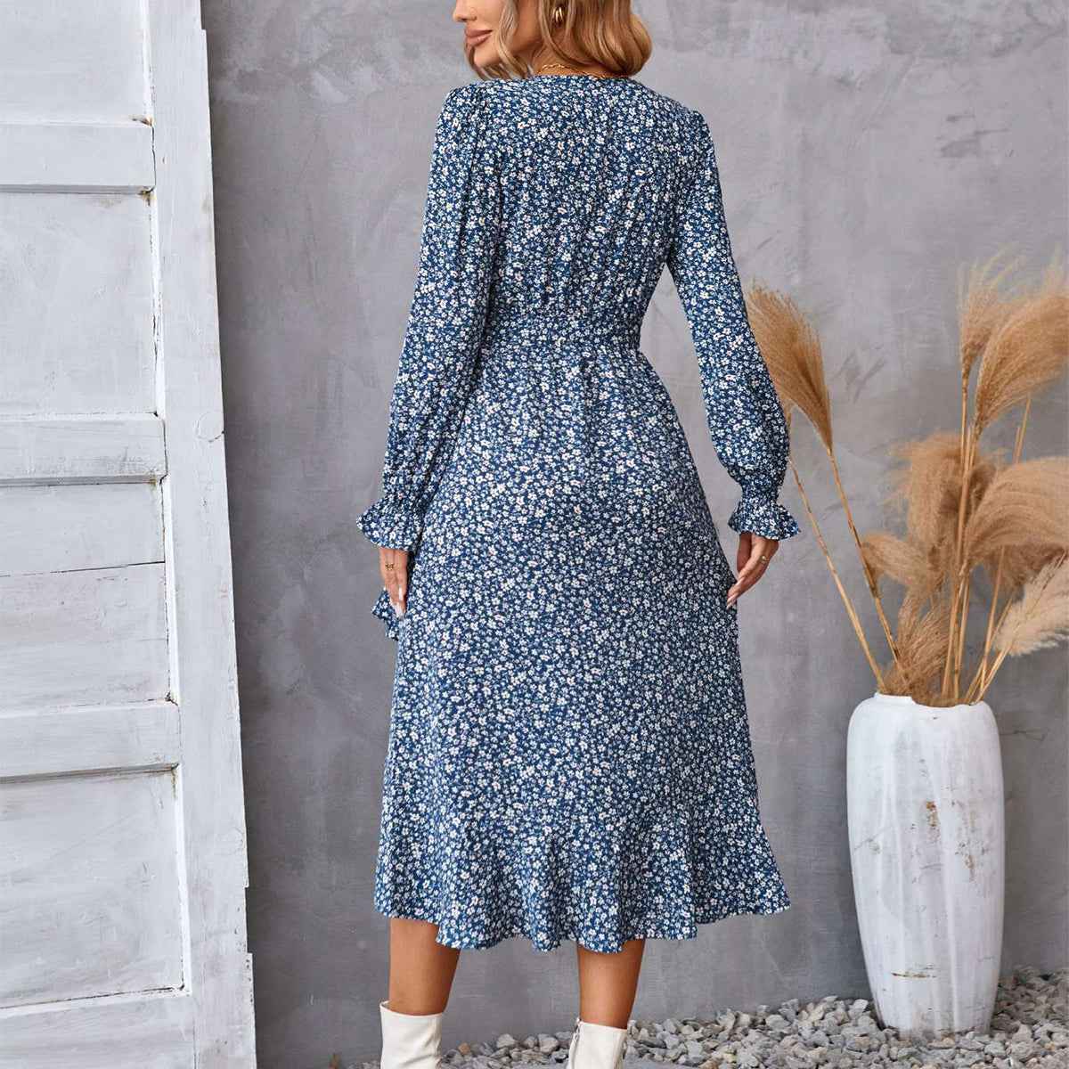 Ruffled V-Neck with Belt Women's Floral Long Sleeve Dress