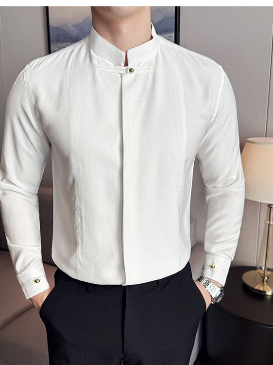 Men's Cotton Long-sleeved Shirt with Solid Color and Stand Collar