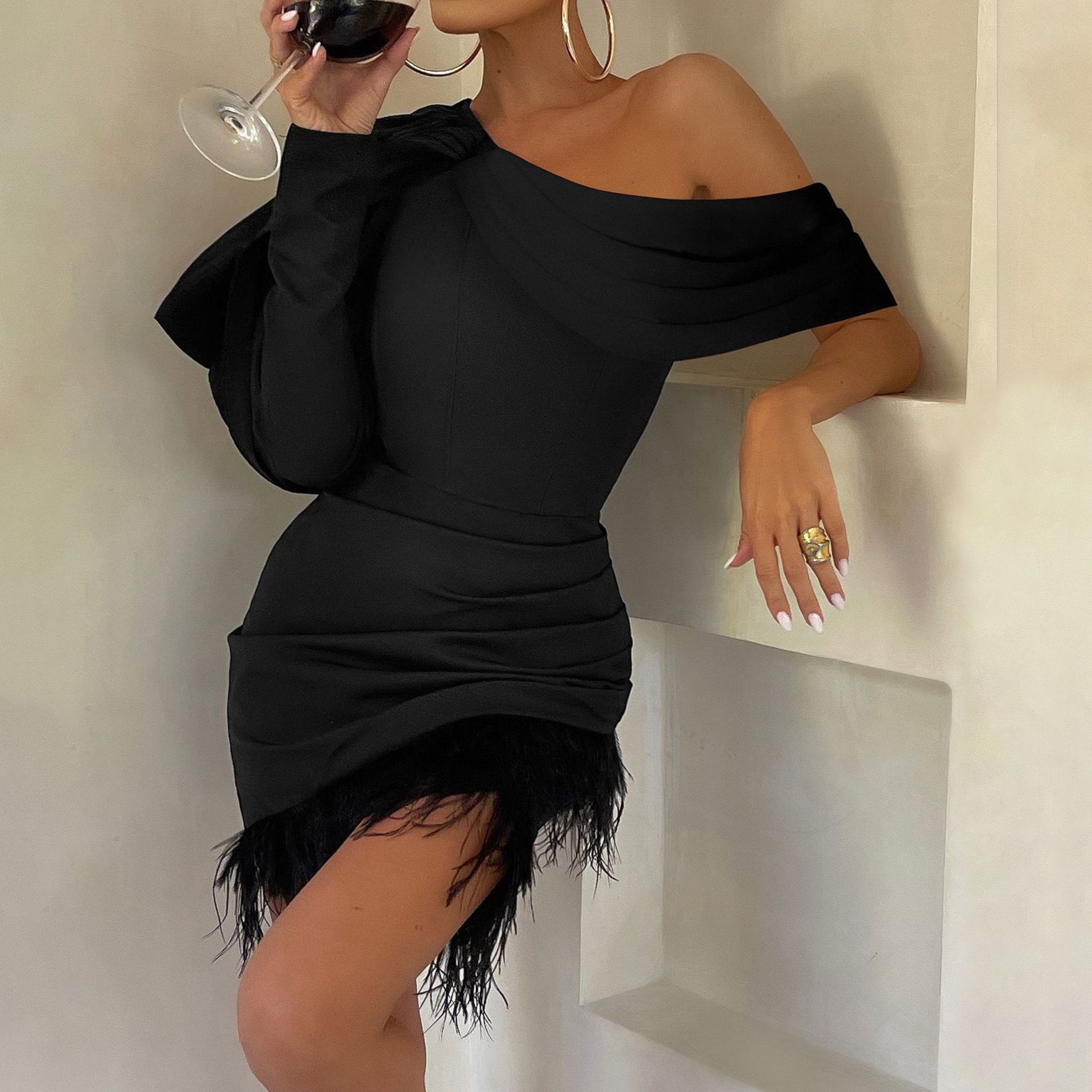 Draped Feather Dress With A Bias Shoulder for Effortless Elegance - Neon North Clothing