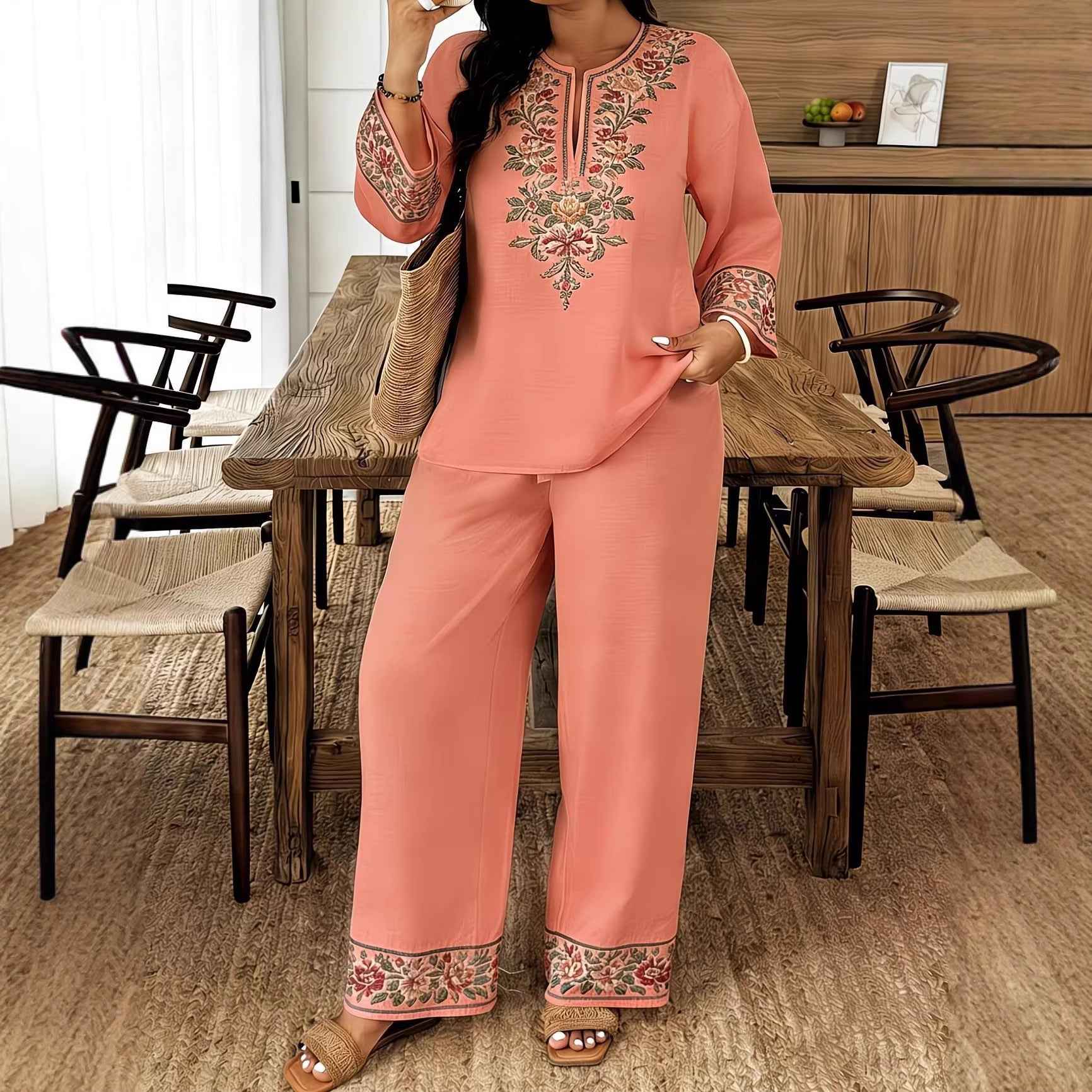 Middle Eastern Lace Floral Set - Elegant Long-sleeve Ethnic-style Fashion
