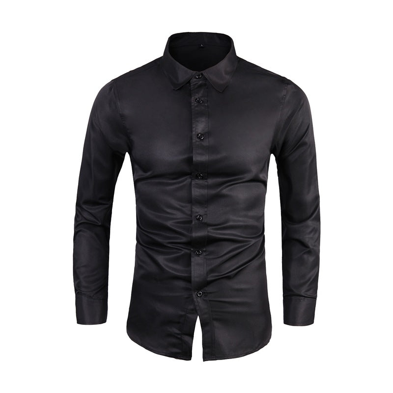 Long-sleeve Plus-size Business Shirt with Lapel Collar - Slim Fit Solid Color