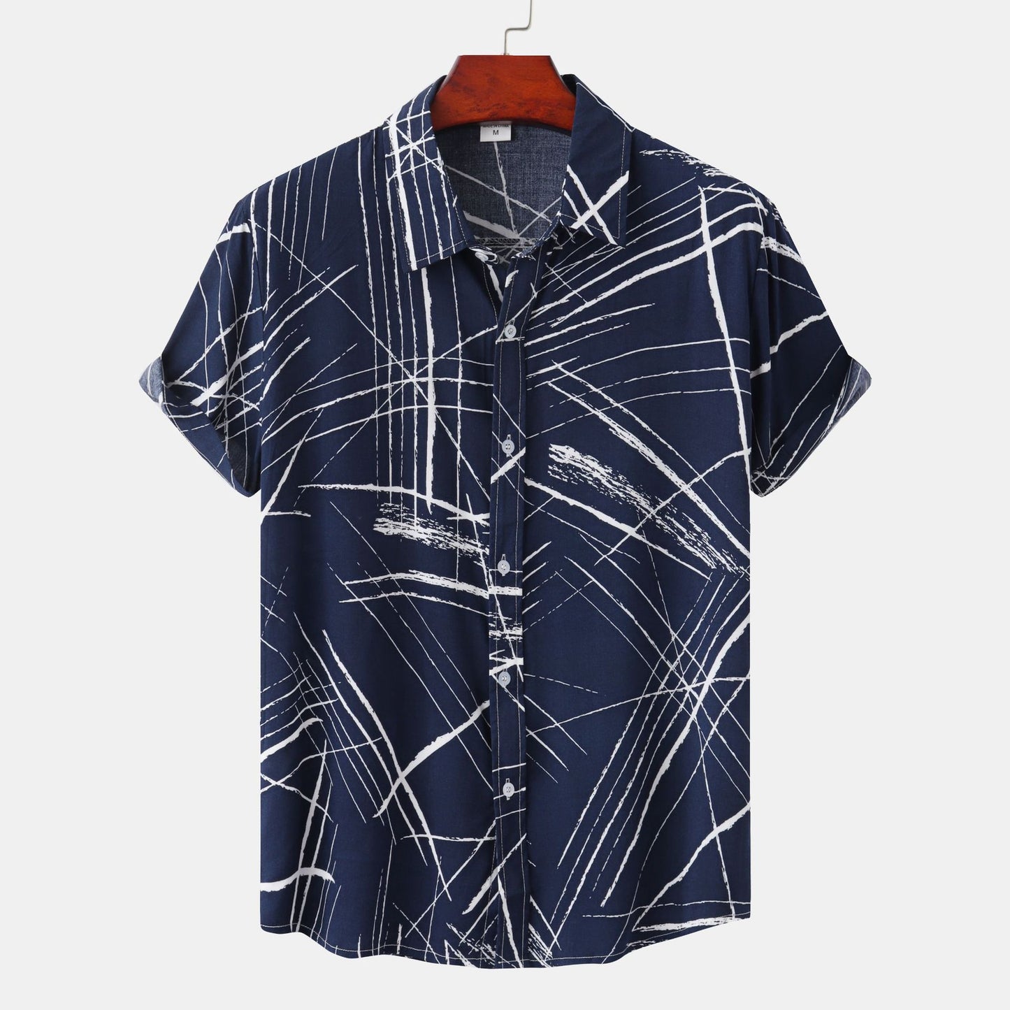 Men's Blue Striped Shirt with Short Sleeves and Lapel Design - Neon North Clothing