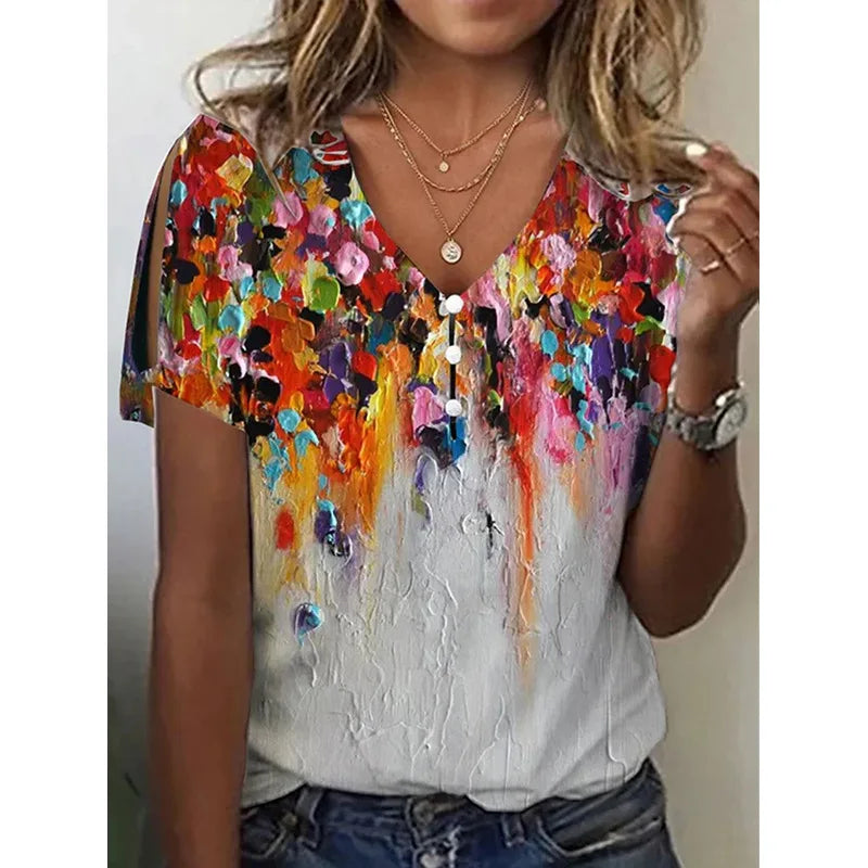 V Neck Vintage Top Short Sleeves Button Streetwear Top - Neon North Clothing
