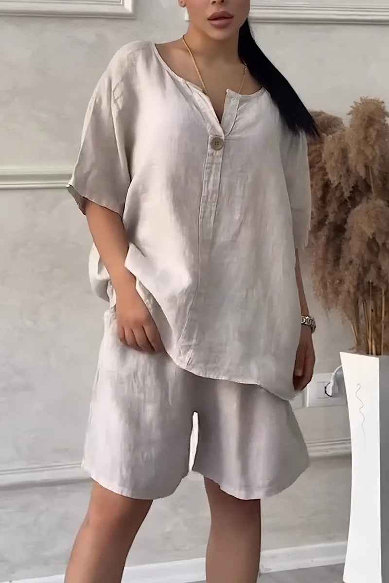 Cotton-linen Shirt Set with Shorts for Women - High-waisted Loose Style