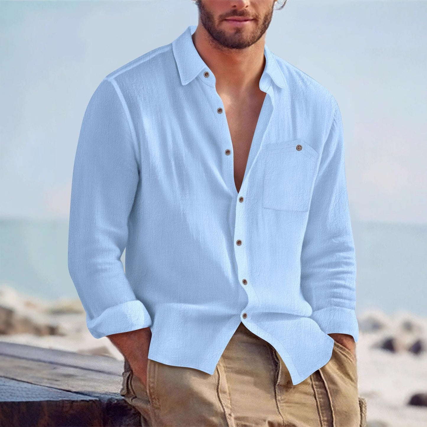 Mens Linen Cardigan Shirt - Solid Color Lapel Loose Fit for Effortless Style