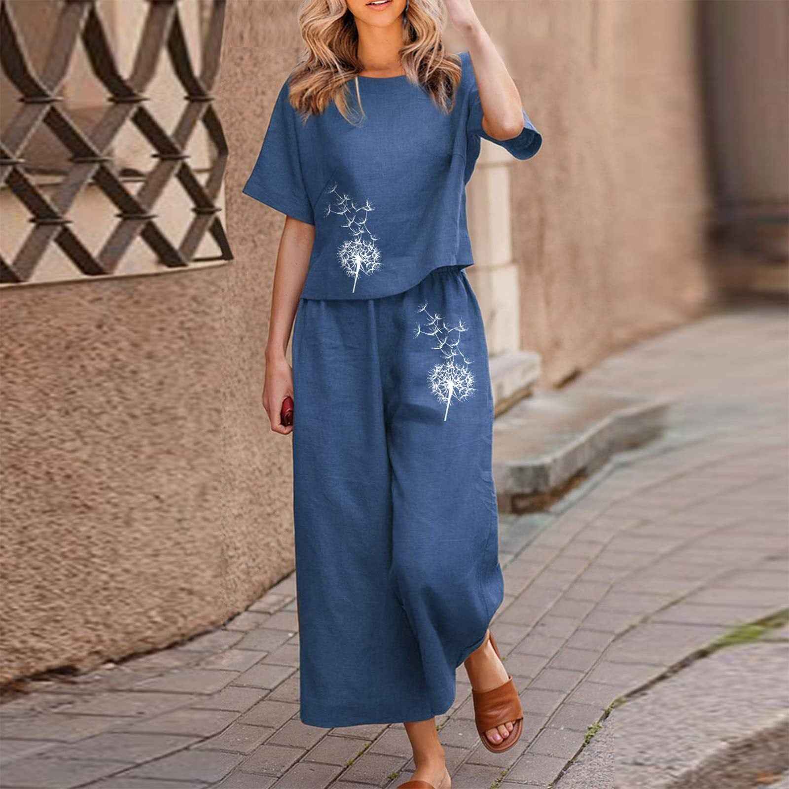 New Solid-color Short-sleeve Set With Heat-transfer Print, Two-piece Set