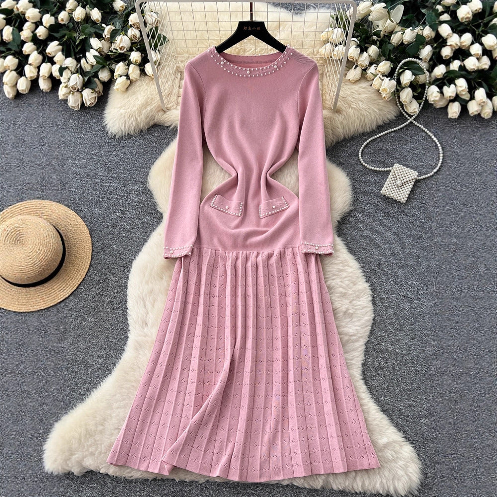 Elegant Long Sleeve Pearl Embellished Pleated Dress - Neon North Clothing