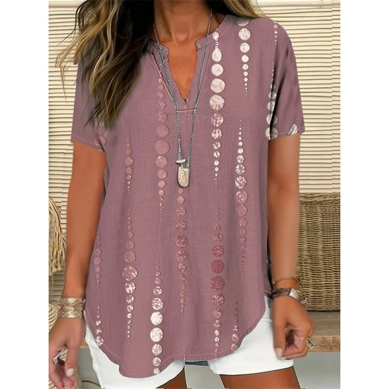 3D Printed Women's V-neck Top - Loose Short Sleeve Design