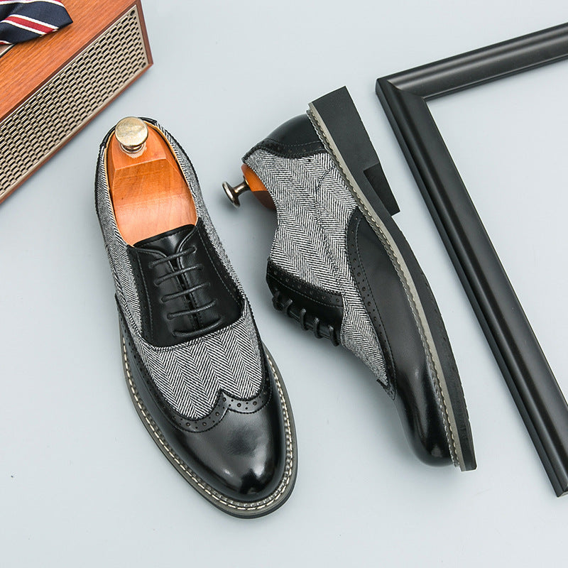 Brogue Men's Leather Shoes - Casual Formal Wear with Plaid Design