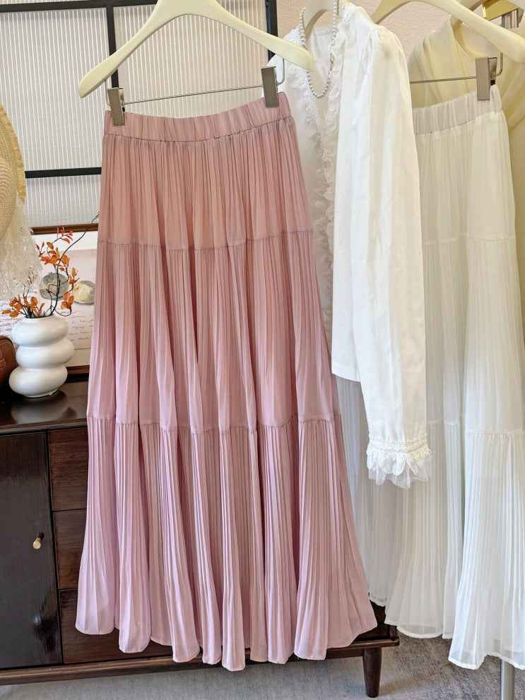 Womens Retro High-Waist Skirt - Elegant Solid-Colored Pleated French-Style Design