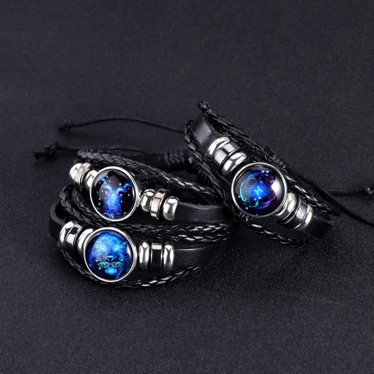 12 Constellations Horoscope Glass Alloy Beaded Glow Leather Bracelet - Neon North Clothing