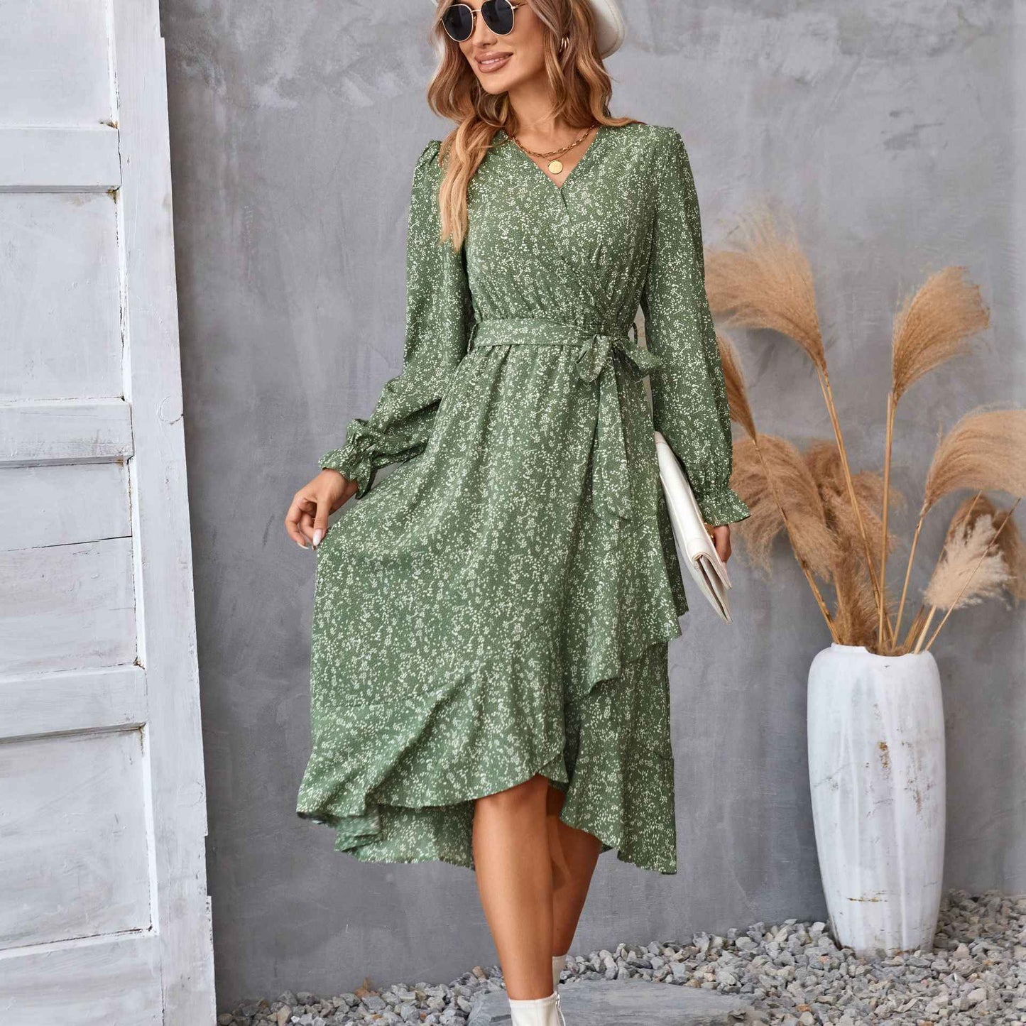 Ruffled V-Neck with Belt Women's Floral Long Sleeve Dress