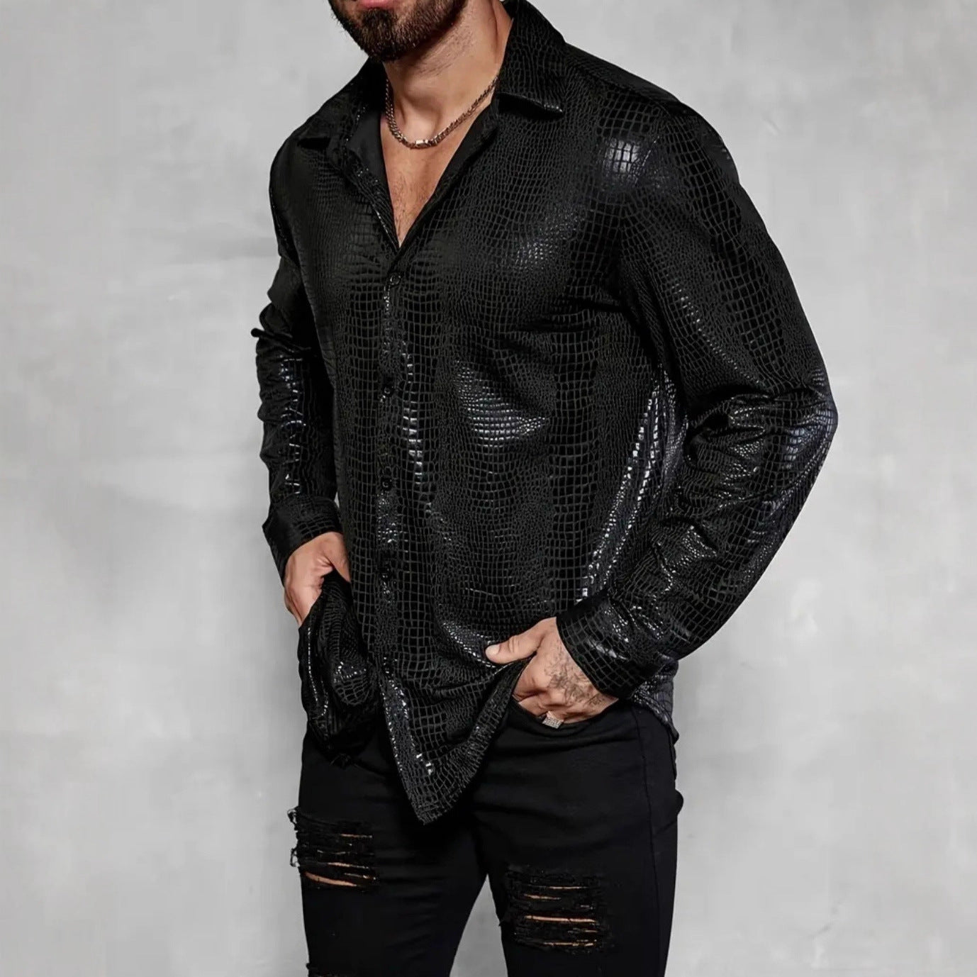 Men's Crocodile-Print Long-Sleeve Shirt for Casual Style
