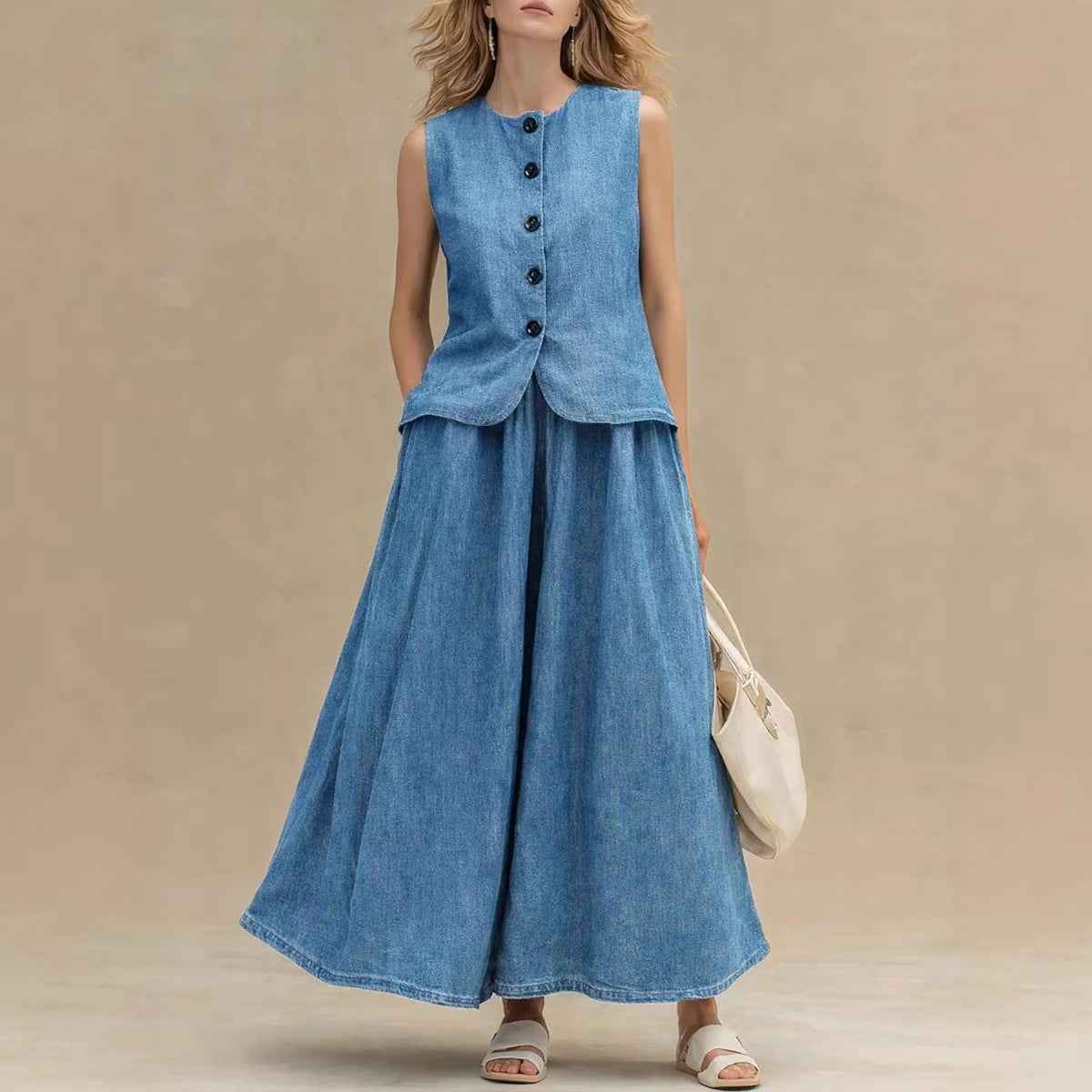 Womens Denim Top and Skirt Set: Crew-Neck Denim Top with High-Waist A-Line Skirt