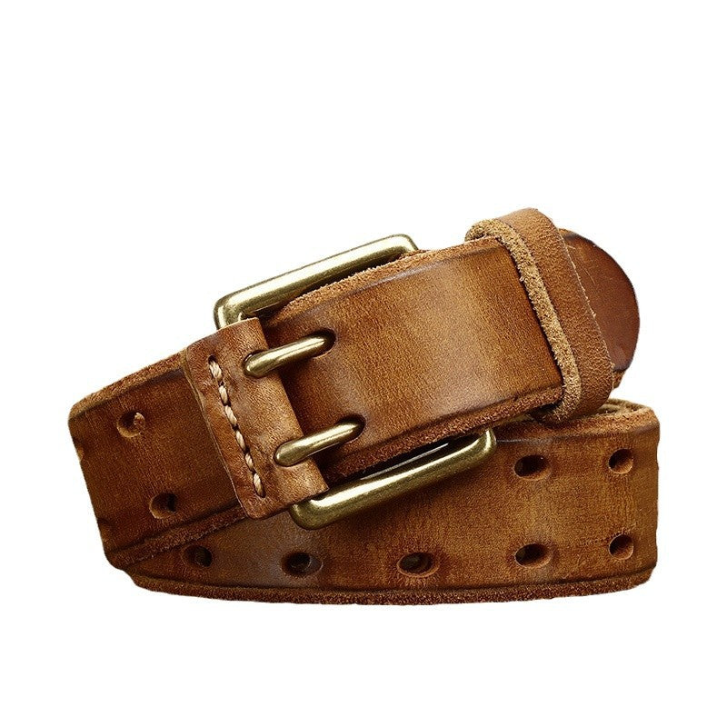 Men's Retro Cowhide Belt - Casual Free Pin Punch First Layer Leather in Wine Red - Neon North Clothing