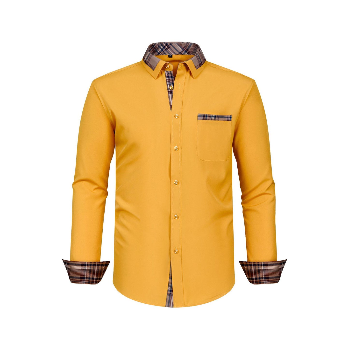Mens Long Sleeve Shirt Patchwork Collar with Plaid Design for Stylish Comfort