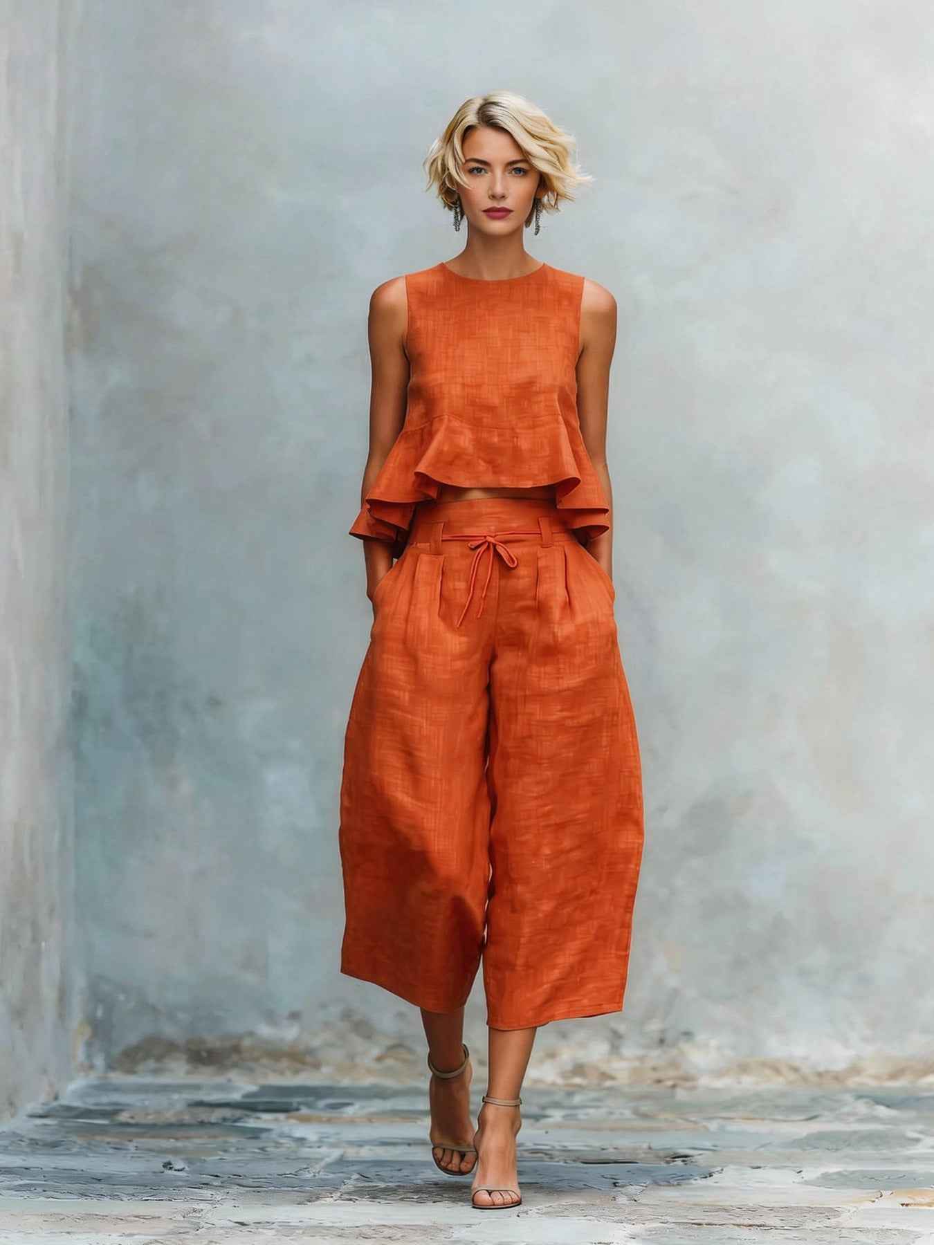 Womens Linen-Blend Two-Piece Set with Ruffled Detailing for Effortless Style