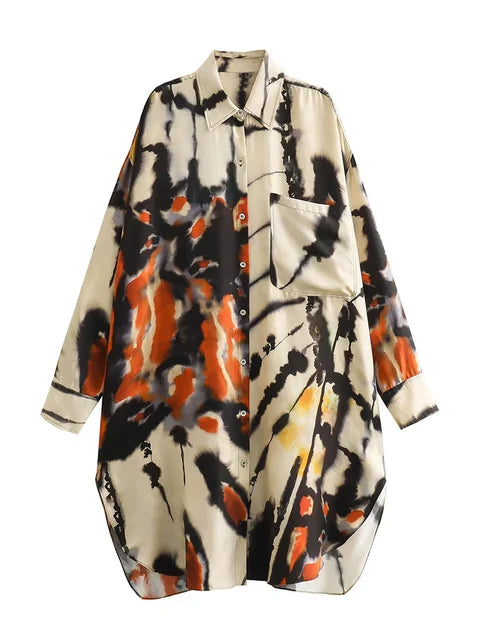 Woman Print Turn Down Collar Single Breasted Blouse - Neon North Clothing