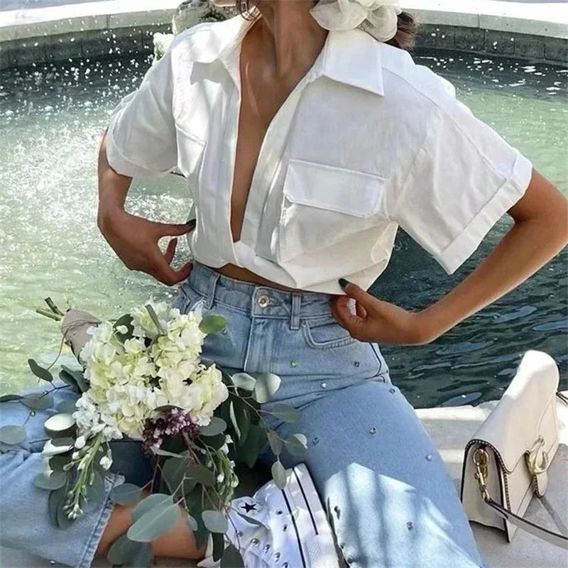 Chic Vintage Cropped Blouse with Front Knot, Elastic Linen, Short Sleeve, and Patch Pockets - Neon North Clothing