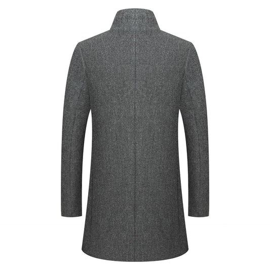 Men's Wool Coat - Stand-Collar Mid-Length Solid-Color Wool Coat