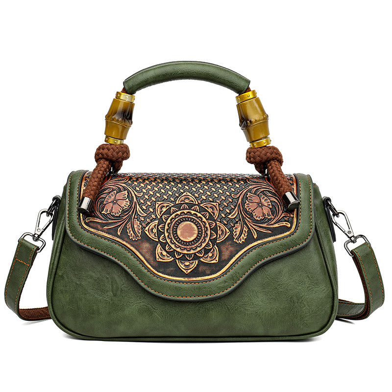 Handcrafted Leather Crossbody Bag with Embossed Retro Design