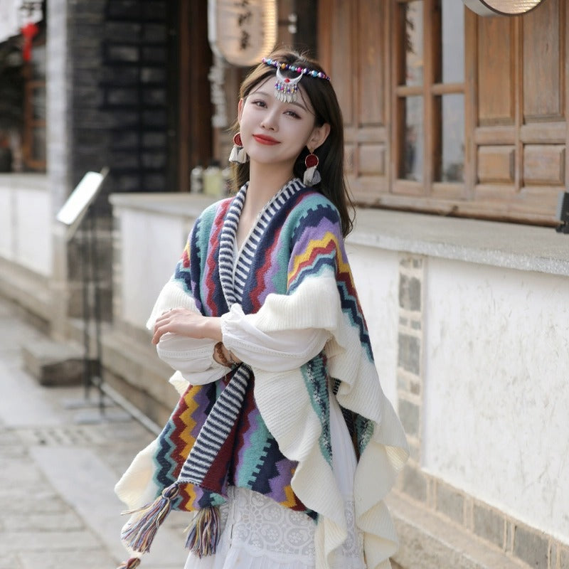 Vintage Bohemia Cardigan with Ruffles - Knitting Top - Neon North Clothing