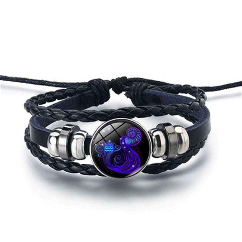 12 Constellations Horoscope Glass Alloy Beaded Glow Leather Bracelet - Neon North Clothing