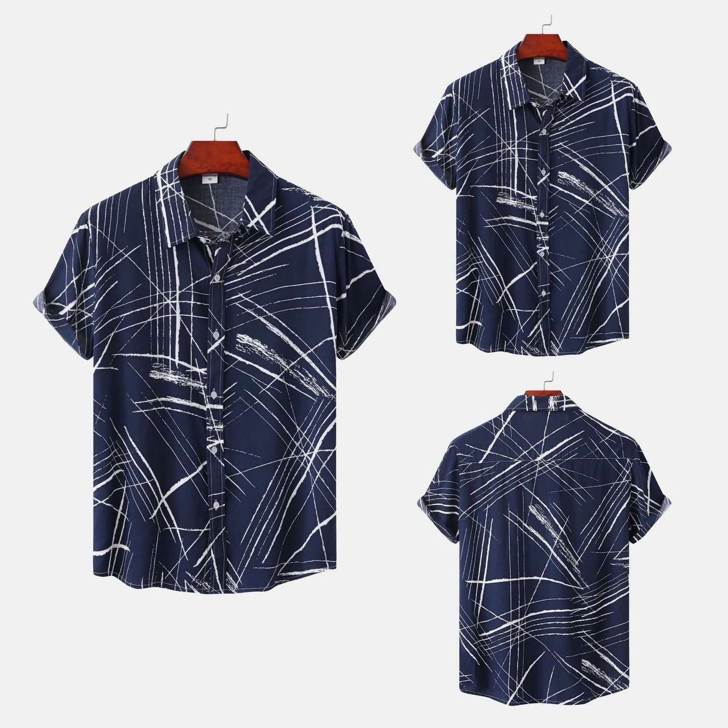 Men's Blue Striped Shirt with Short Sleeves and Lapel Design - Neon North Clothing
