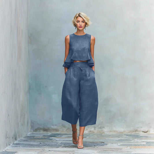 Womens Linen-Blend Two-Piece Set with Ruffled Detailing for Effortless Style