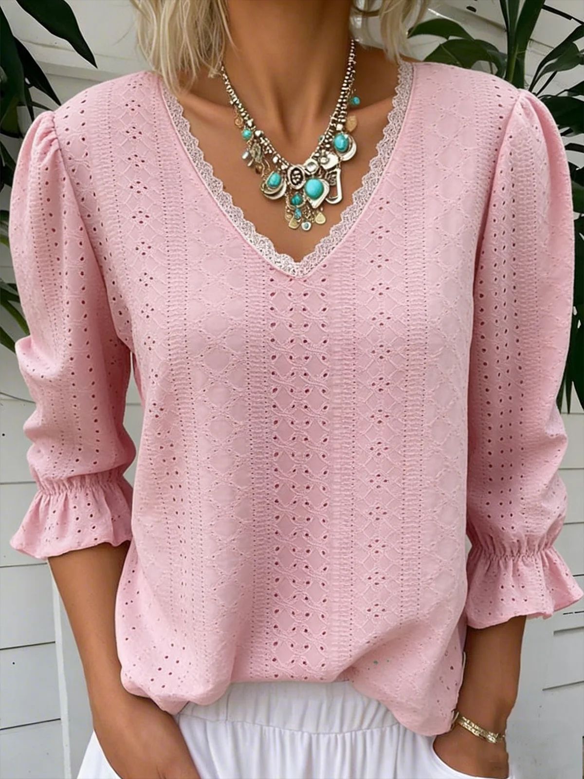Women's V Neck Hollowed Out Top for Mid Sleeve Stylish Comfort
