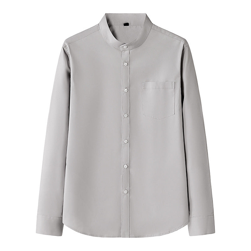 Men's Slim Fit Pocket Shirt - Stand Collar Long Sleeve Solid Color Design