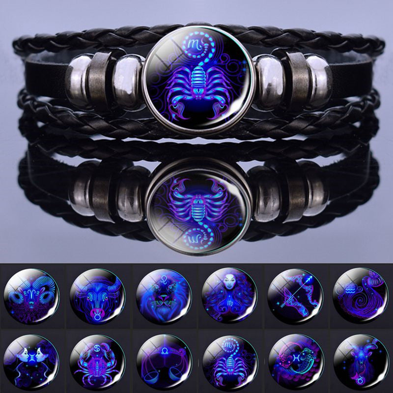 12 Constellations Horoscope Glass Alloy Beaded Glow Leather Bracelet - Neon North Clothing