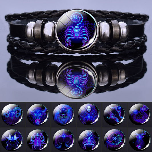 12 Constellations Horoscope Glass Alloy Beaded Glow Leather Bracelet - Neon North Clothing