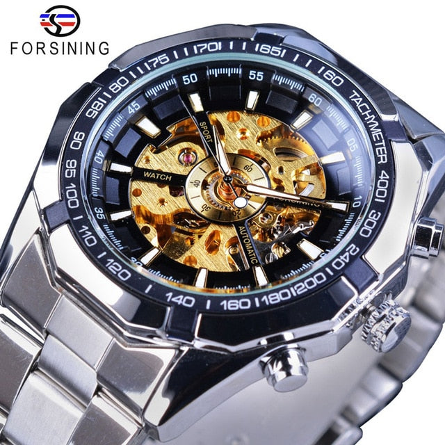 FORSINING Men's Skeleton Watch - Luxury Waterproof Silver Stainless Steel Design - Neon North Clothing