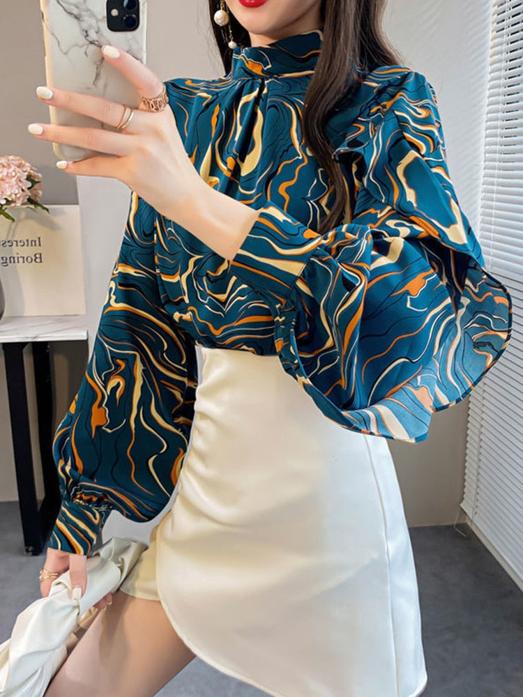 Loose Chiffon Blouse with O Neck Stripe Print and Lantern Sleeves - Neon North Clothing